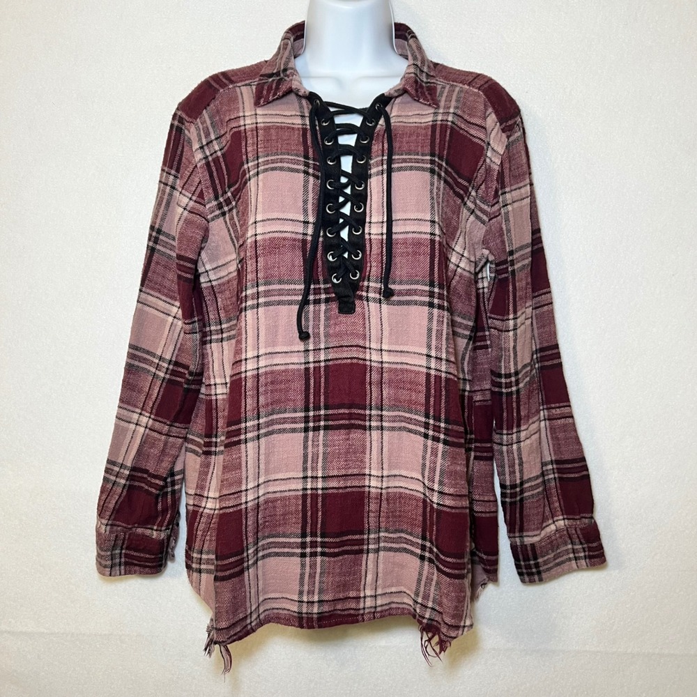 American Eagle Whimsigoth Grunge Plaid Flannel Shirt Burgundy Pink Distressed M